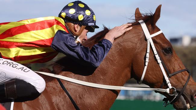 James McDonald and Nature Strip share a moment after winning The Everest. Picture: AFP
