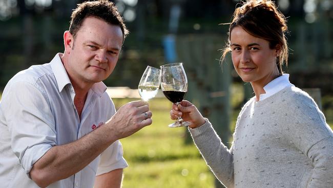 10/09/15 Kym Schroeter and Steph Dutton from Penfolds with their white and red wine product near Nuriootpa in the Barossa Valley.