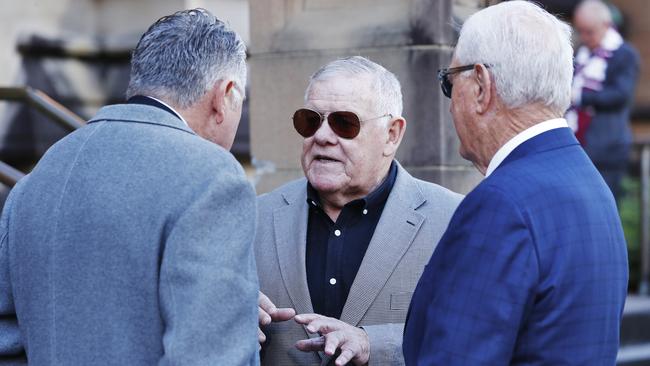 Ray Hadley, Bob McCarthy and Ron Coote at the state funeral for Bob Fulton on Friday. Picture: Sam Ruttyn