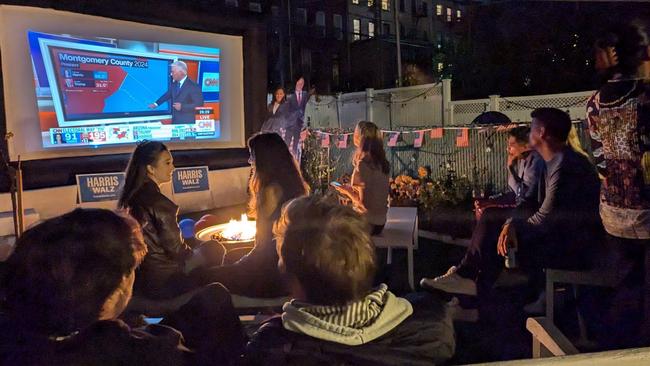 A watch party was hosted by Australian couple, and Kamala Harris supporters, Meggie Palmer and Ryan Hamilton. Picture: Chad Van Estrop