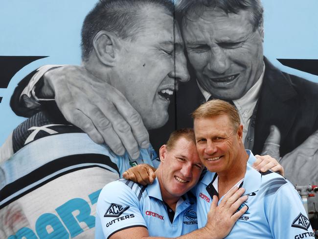 DAILY TELEGRAPH MARCH 28, 2024. Paul Gallen and Andrew Ettingshausen at the unveiling of a new Sharks mural at Shark Park of the club greats after winning the clubÃs first premiership in 2016. Picture: Jonathan Ng