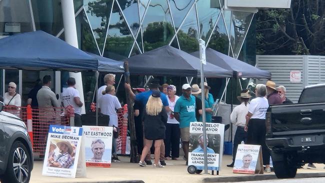 Voters lined up to cast their votes early for the 2024 Livingstone Shire Council election.