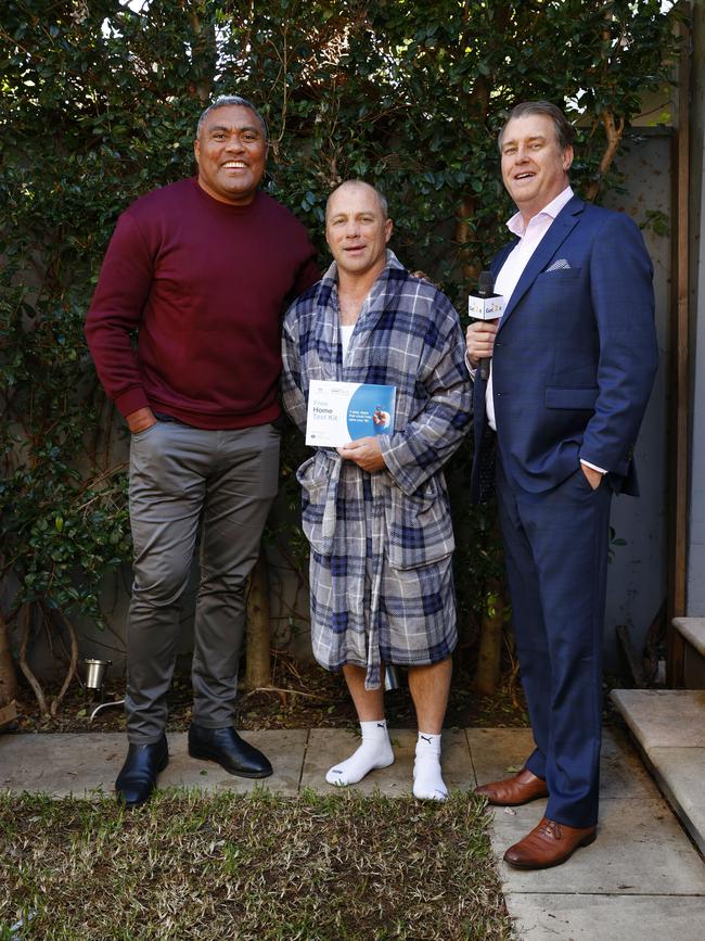 Ex-NRL players, Petero Civoniceva and Geoff Toovey with NRL commentator Andrew Voss are helping to raise awareness. Bowel cancer is Australia’s second biggest cancer killer and early detection is critical to improving survival rates. Picture: Richard Dobson