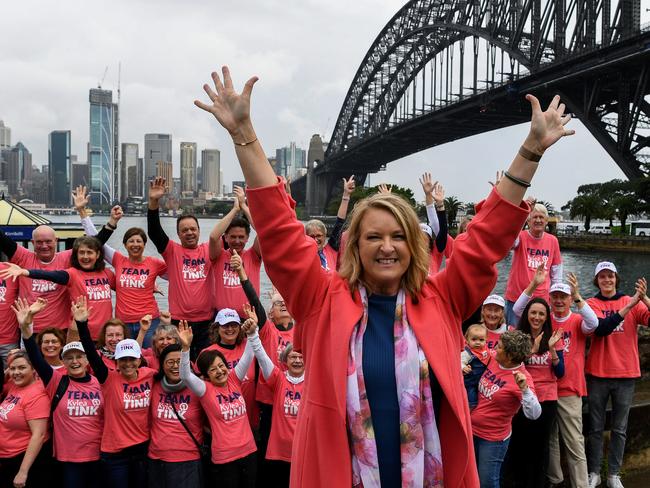 MP for North Sydney Kylea Tink poses for a photograph with her supporters at Jeffrey Street Wharf in Sydney, Monday, May 23, 2022. Liberal MP Trent Zimmerman has lost his seat of North Sydney to independent Kylea Tink. (AAP Image/Bianca De Marchi) NO ARCHIVING