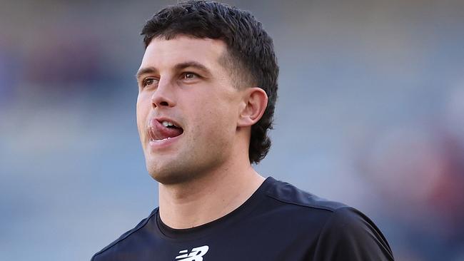 PERTH, AUSTRALIA - JUNE 01: Rowan Marshall of the Saints looks on while warming up during the round 12 AFL match between West Coast Eagles and St Kilda Saints at Optus Stadium, on June 01, 2024, in Perth, Australia. (Photo by Paul Kane/Getty Images)