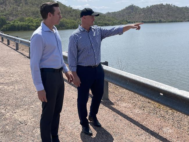 Councillor Kurt Rehbein and Water Minister Glenn Butcher at Ross River Dam on Friday to celebrate pipes going into the ground for the Haughton Pipeline Stage 2. Picture: Leighton Smith.
