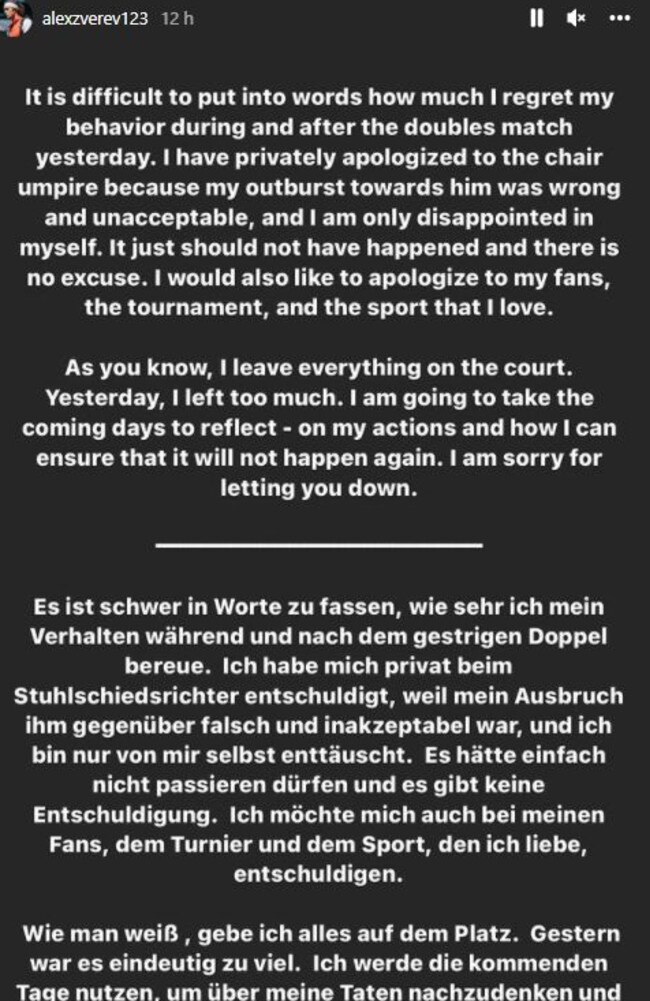 Alexander Zverev’s Instagram apology.