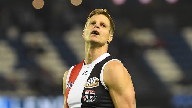 Nick Riewoldt reacts after kicking one of his three behinds against North Melbourne.