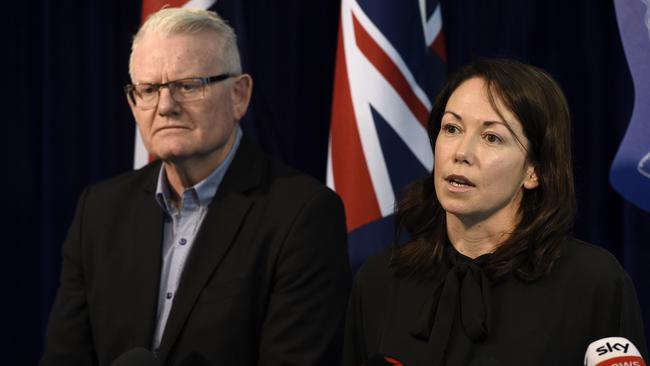 Victorian Emergency Services Minister Jaclyn Symes with Stephen Leane, CEO of ESTA. Picture: NCA NewsWire/Andrew Henshaw