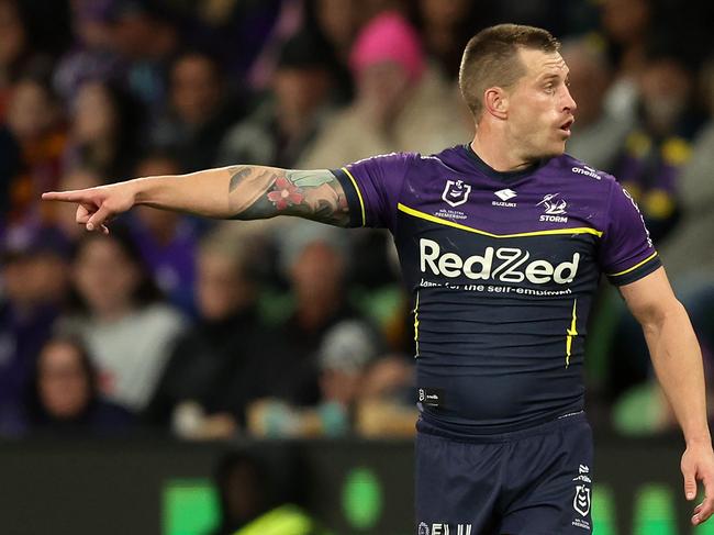 MELBOURNE, AUSTRALIA - APRIL 04:  Cameron Munster of the Storm reacts during the round five NRL match between Melbourne Storm and Brisbane Broncos at AAMI Park on April 04, 2024, in Melbourne, Australia. (Photo by Robert Cianflone/Getty Images)