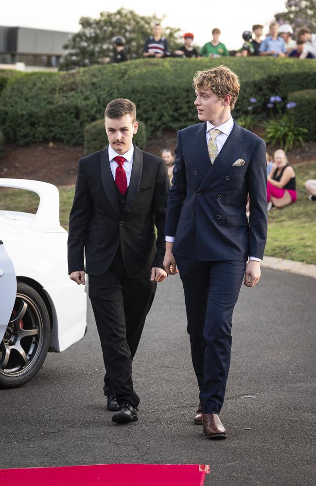 Graduate Connor Martin (right) and partner Gene Thiselton at Mary MacKillop Catholic College formal at Highfields Cultural Centre, Thursday, November 14, 2024. Picture: Kevin Farmer