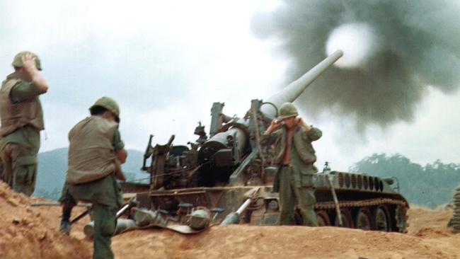 US army troops at Camp Carroll provide fire support for ground forces during the battle of Khe Sanh in 1968.