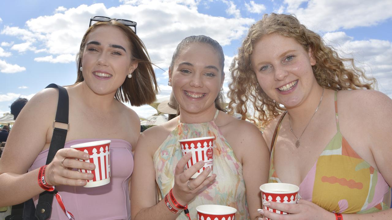 Sophie Filan, Mikayla Russell and Lucy Giesemann at the 2023 Audi Centre Toowoomba Weetwood race day at Clifford Park Racecourse.