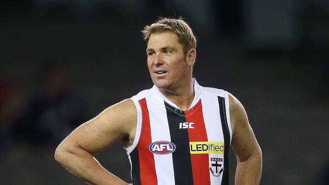 Shane Warne even put on the St Kilda kit for a corporate match in 2015. Picture: Michael Dodge/Getty Images.