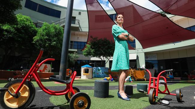 Childcare centre owner Louise de Bomford-Scott in her centre’s empty playground. Picture GLENN CAMPBELL