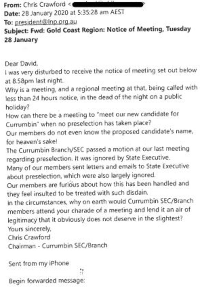 An e-mail sent by Currumbin branch chairman Chris Crawford to LNP state president David Hutchinson.