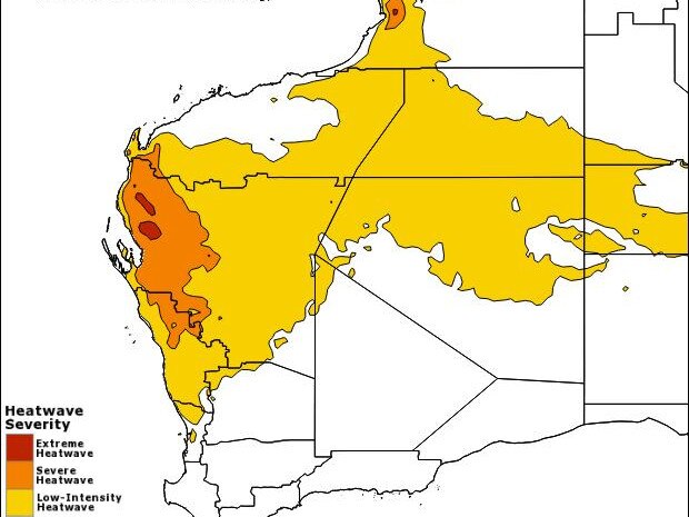 Areas of heatwaves in Western Australia for Monday, Tuesday and Wednesday. Picture: BOM