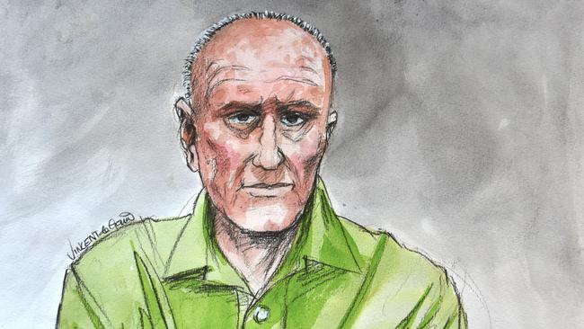 A court sketch of Chris Dawson at Central Local Court in Sydney. Credit: Vincent de Gouw