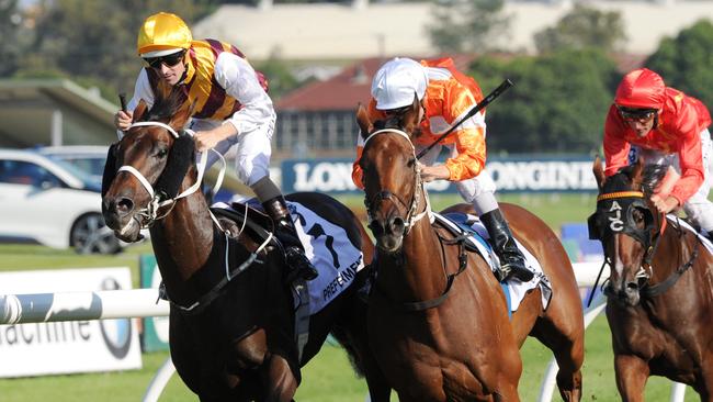 Preferment, left, holds off Who Shot Thebarman to win The BMW. Picture: Simon Bullard