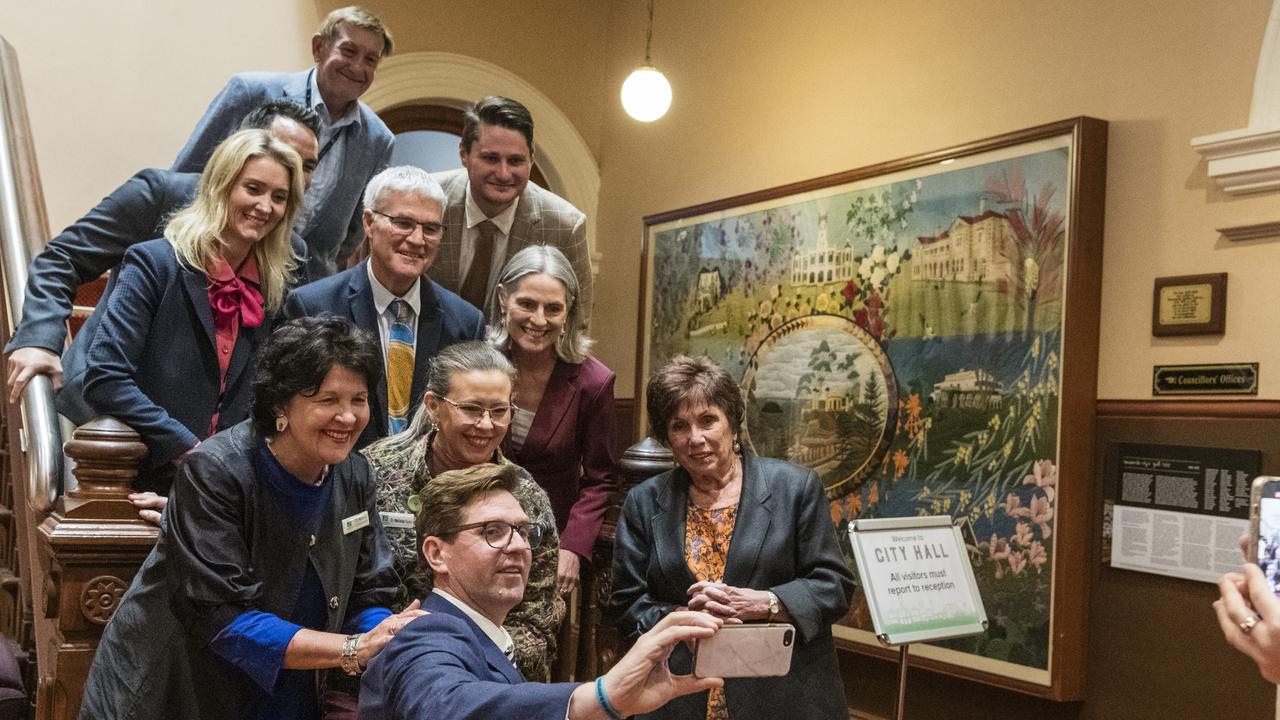 Councillor Geoff McDonald stands with fellow councillors after he was named the new Toowoomba Regional Council mayor at a special meeting. Picture: Kevin Farmer