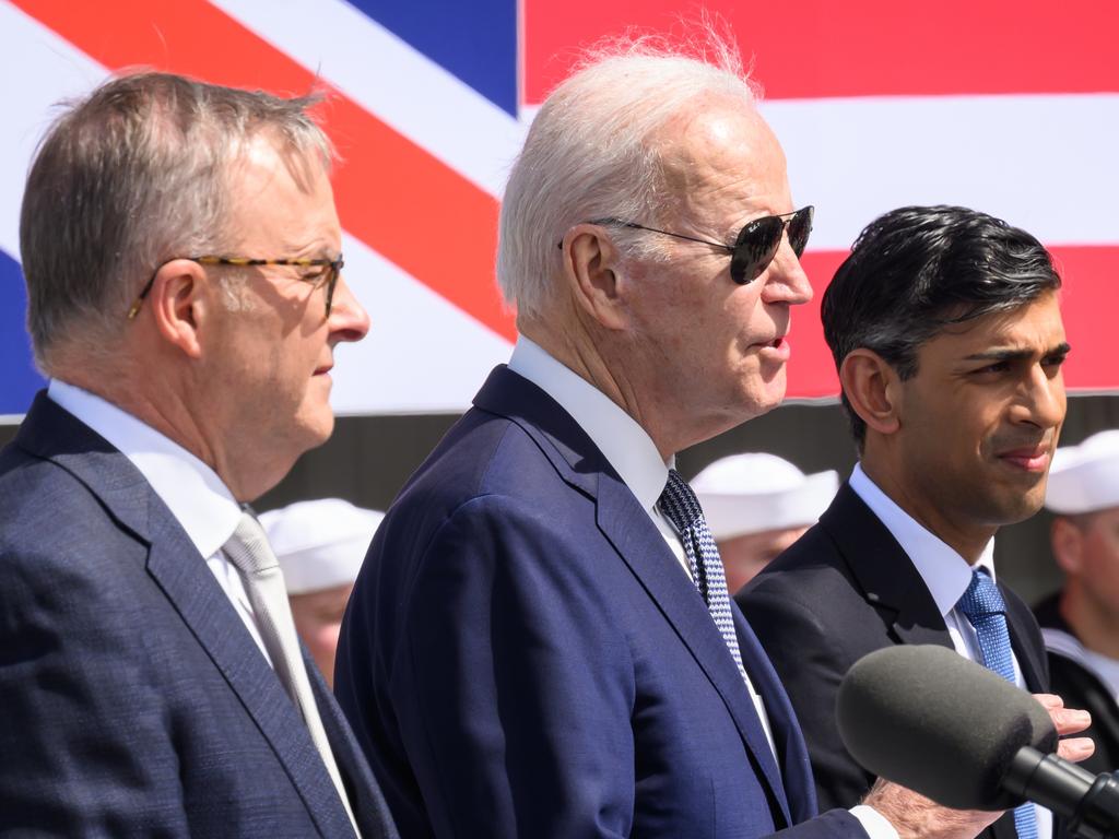 The AUKUS leaders at a joint press conference in San Diego. Picture: Getty Images