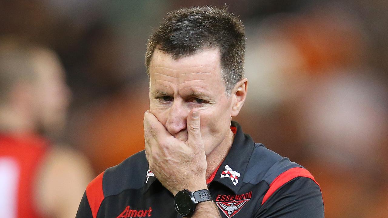 AFL. Round 3. 05/04/2019.  Melbourne vs Essendon at the MCG.   Essendon's coach John Worsfold  at 3/4 time   . Pic: Michael Klein.