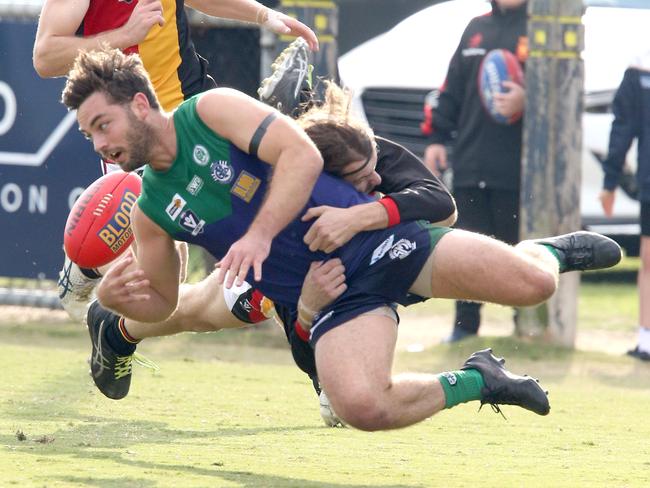 Football GFL: St Mary's v St JosephÃ&#149;s. St Mary's 27 Brady Pritchard is tackled by St JosephÃ&#149;s 43 Austin Humphrey Picture: Mark Wilson