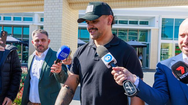 Daily Telegraph. 27, August, 2024.Latrell Mitchell leaves the South Sydney Rabbitohs HQ, at the Heffron Centre, Maroubra, today, after fronting the board over the white powder incidentPicture: Justin Lloyd.