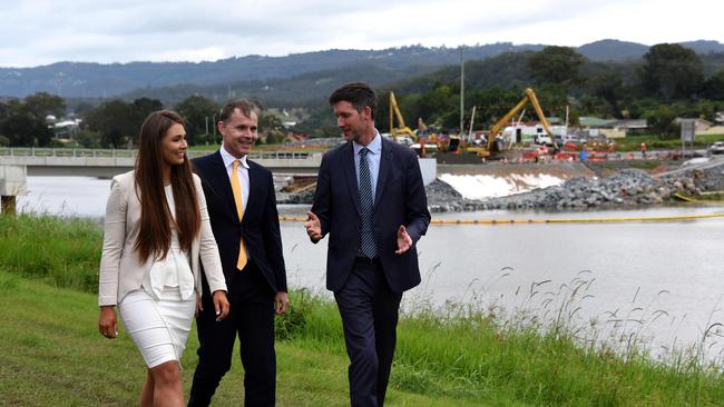 Minister for Main Roads Mark Bailey with Labor candidate for Bonney Rowan Holzberger and Labor candidate for Gaven Meaghan Scanlon check on John Muntz Bridge repair work — Mr Bailey said his department was “throwing everything at it”. Photo Steve Holland