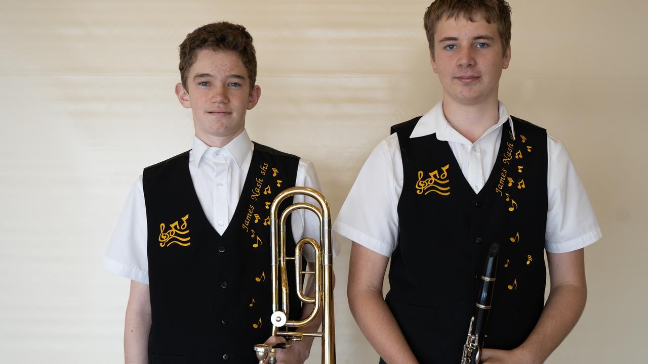 Baden Morrow And Ethan Morrison from the James Nash State High School Concert Band at the Gympie Eisteddfod. July 31, 2023. Picture: Christine Schindler