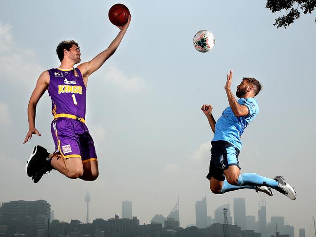 Sydney Kings player Jordan Hunter and Sydney FC defender Michael Zullo at Rushcutters Bay with the two teams coming together to celebrate Sydney sport with a new membership partnership. Picture. Phil Hillyard