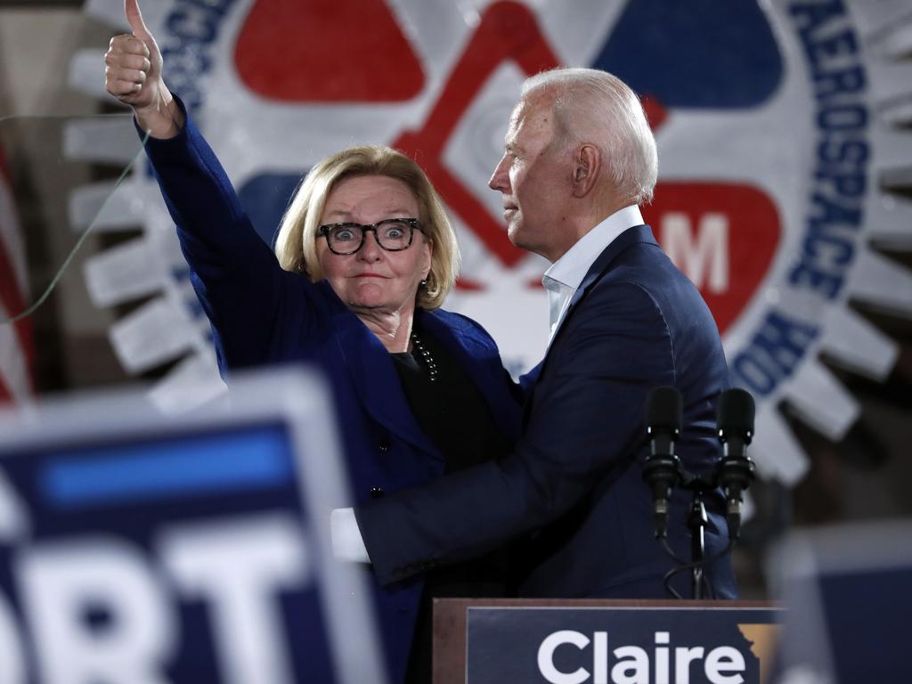 Missouri Senator Claire McCaskill, pictured with former Vice President Joe Biden at a rally on Wednesday, is defending her seat in one of the most important races in the US. Picture: AP Photo/Jeff Roberson