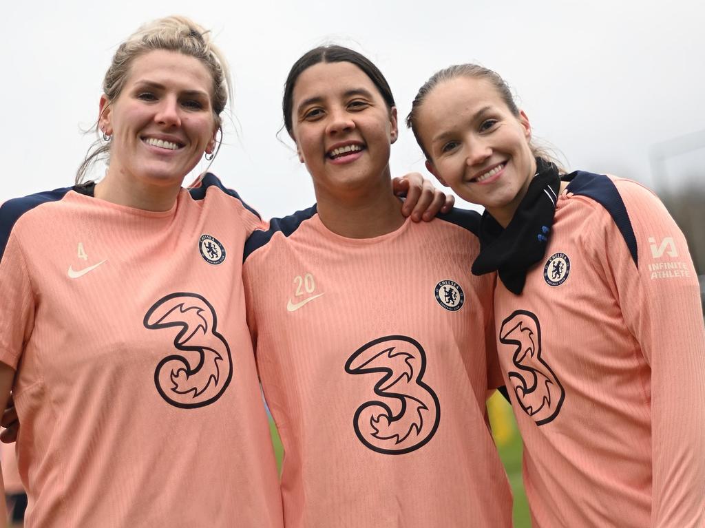 Samantha Kerr poses with Chelsea football club teammates Millie Bright and Guro Reiten. Picture: Supplied