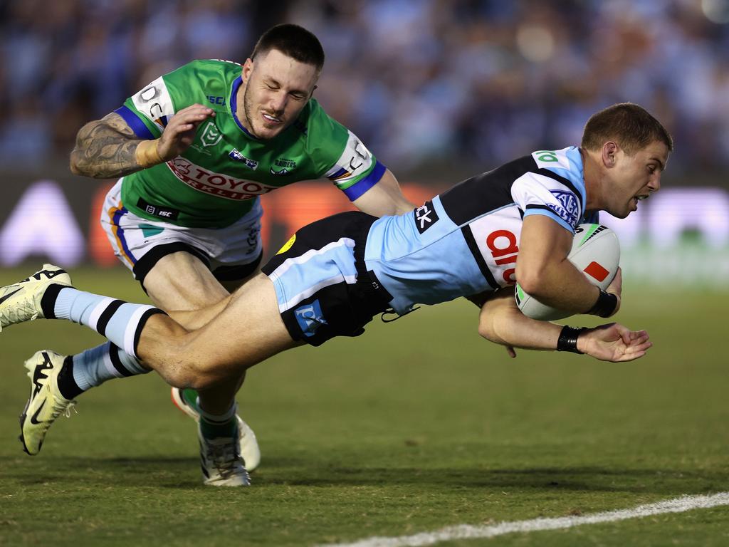 Blayke Brailey scores for the Sharks. Picture: Cameron Spencer/Getty Images