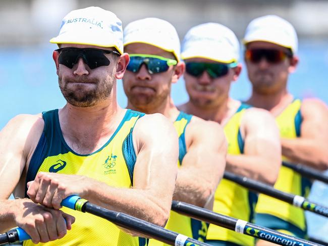 Australia's Jack Cleary, Australia's Caleb Antill, Australia's Cameron Girdlestone and Australia's Luke Letcher giving their all in the men's quadruple sculls. Picture: Luis Acosta/ AFP