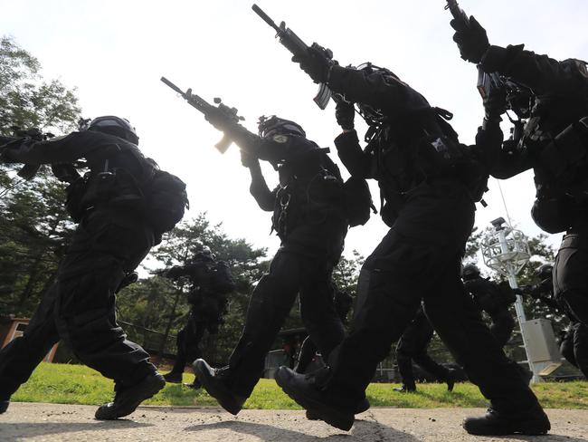 South Korea's Capital Defense Command soldiers take part in a military drill in Seoul after North Korea’s provocative act. Picture: AFP