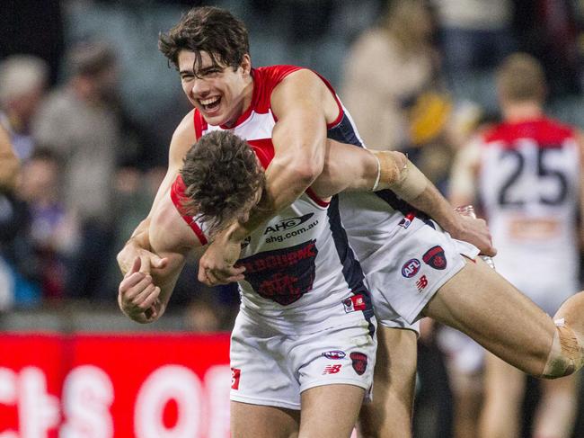 Melbourne celebrate their win during the Round 14 AFL match between the West Coast Eagles and the Melbourne Demons at the Domain Stadium in Perth, Saturday, June 24, 2017.Melbourne won the match 99-96. (AAP Image/Tony McDonough) NO ARCHIVING, EDITORIAL USE ONLY