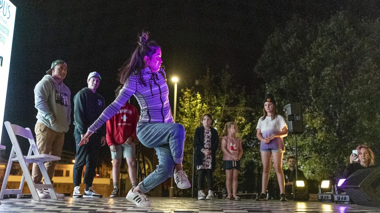 B-Girl Magz shows how its done as The Elements Collective host a break dance battle at the Curious Arts Festival at Empire Theatres, Saturday, April 2, 2022. Picture: Kevin Farmer