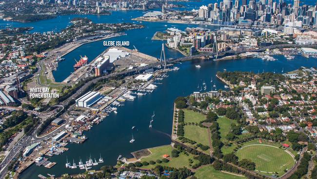 Bradfield Oration. Aerial view of Sydney City, Sydney Harbour Bridge, Glebe, White Bay and Glebe Island