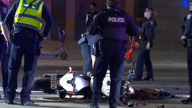 A motorcyclist has been rushed to hospital with serious injuries after a nasty crash in the CBD. The 25-year-old rider’s bike rear-ended a ute at the intersection of King William Road and North Terrace. The driver of the ute and his female passenger were not injured. Picture: 7NEWS