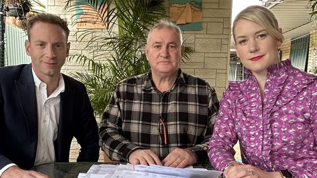 Opposition Leader Davis Speirs and health spokeswoman Ashton Hurn with Seaview Downs man Graham Wilson , who may have bowel cancer but can't get in to see a specialist. Picture: Supplied