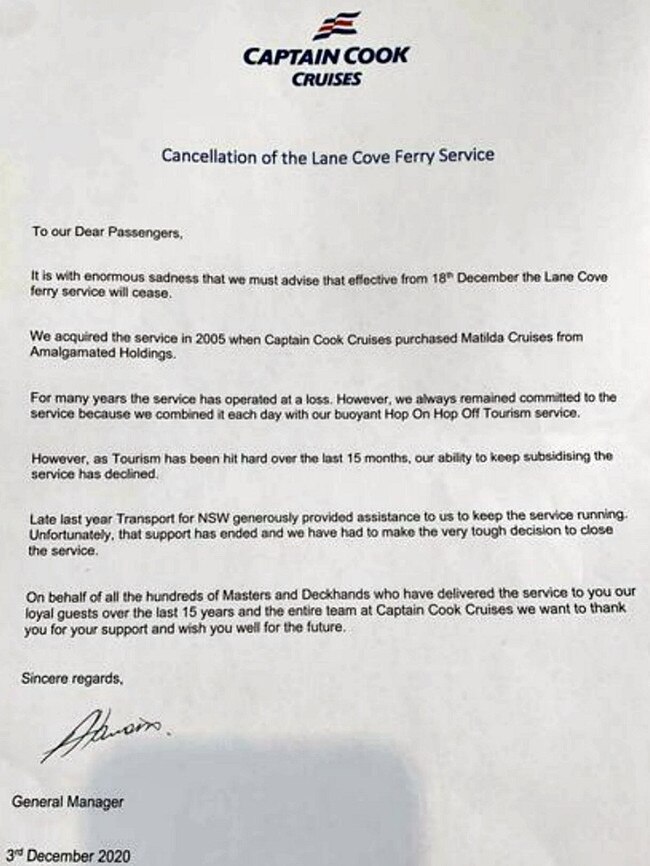 A letter was given to commuters announcing the cancellation of the Lane Cove Ferry Service on December 3, 2020. Picture: In The Cove