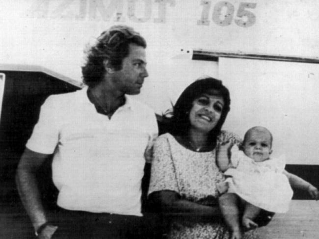 Christina with husband Thierry Roussel and infant daughter Athina Roussel Onassis in 1985.