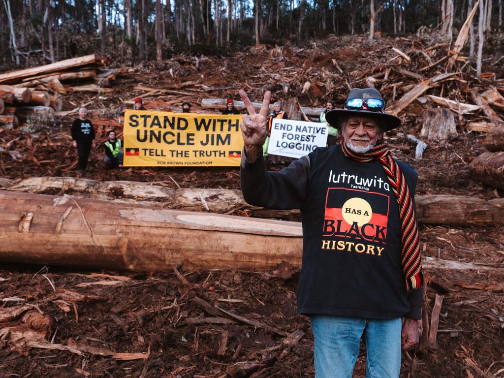 Protesters, including Pakana/Palawa political activist Jim Everett-Puralia Meenamatta, at Central Highlands logging coupe. Picture: Bob Brown Foundation