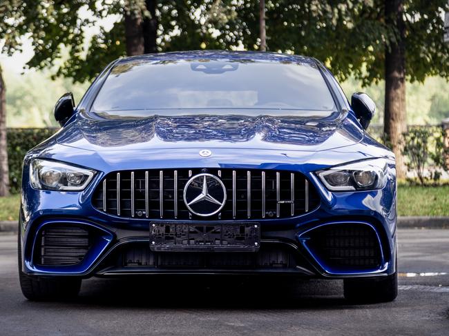 Russia Kemerovo 2019-09-16 blue car Mercedes-AMG GT 63 43 53 4MATIC parked outdoor on summer street background