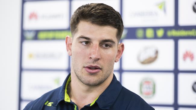 CANBERRA, AUSTRALIA - SEPTEMBER 11: Canberra Raiders NRL player Curtis Scott speaks to the media during a press conference on September 11, 2020 in Canberra, Australia. Scott was charged after being arrested on Australia Day in Sydney earlier this year. (Photo by Rohan Thomson/Getty Images)