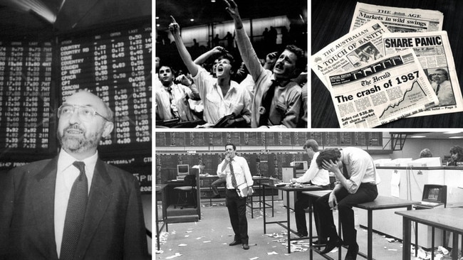 Clockwise from top left: A younger Terry McCrann, Sydney stock market during the 1980s, how the papers covered the 1987 crash and Melbourne stock exchange in 1987.