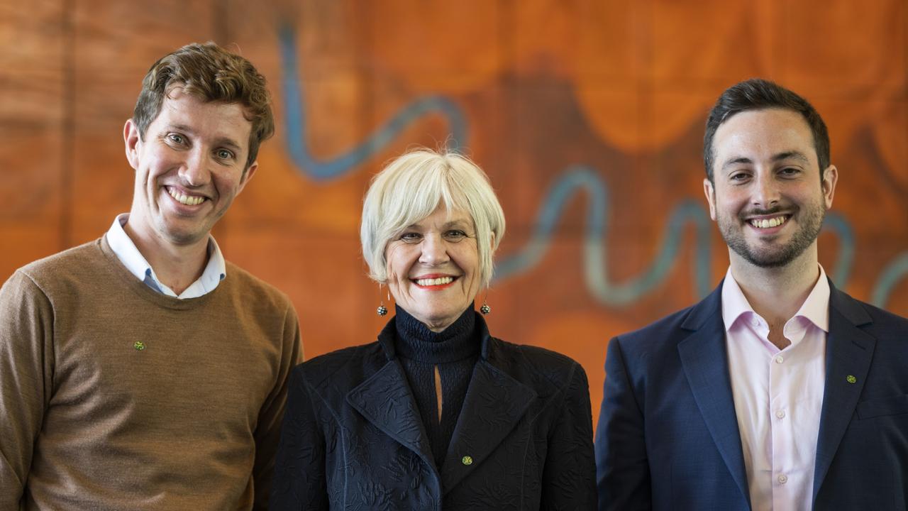 Elizabeth Watson-Brown (centre) owns three properties, while her fellow first-term Greens house colleagues Max Chandler-Mather and Stephen Bates own none. Picture: NCA NewsWire / Martin Ollman