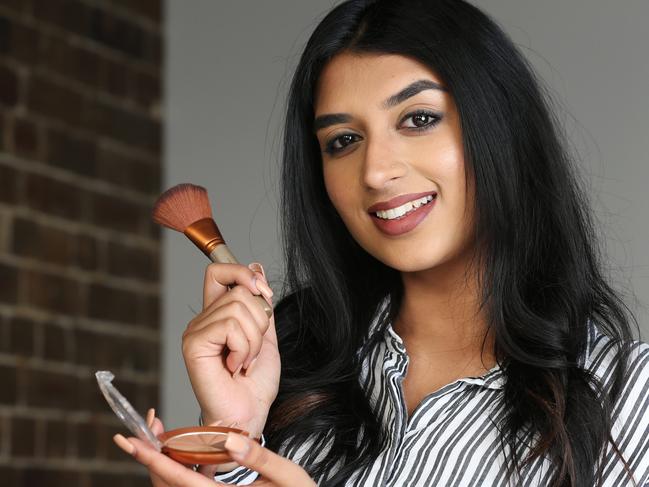 Saumya Patel, 23, works in a digital marketing agency in Sydney but also has a "side-hussle" working as a makeup artist on the weekend. Picture: David Swift.