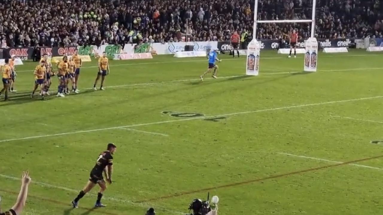A Parramatta trainer ran under the goalposts as Nathan Cleary attempted his conversion. Picture: Supplied